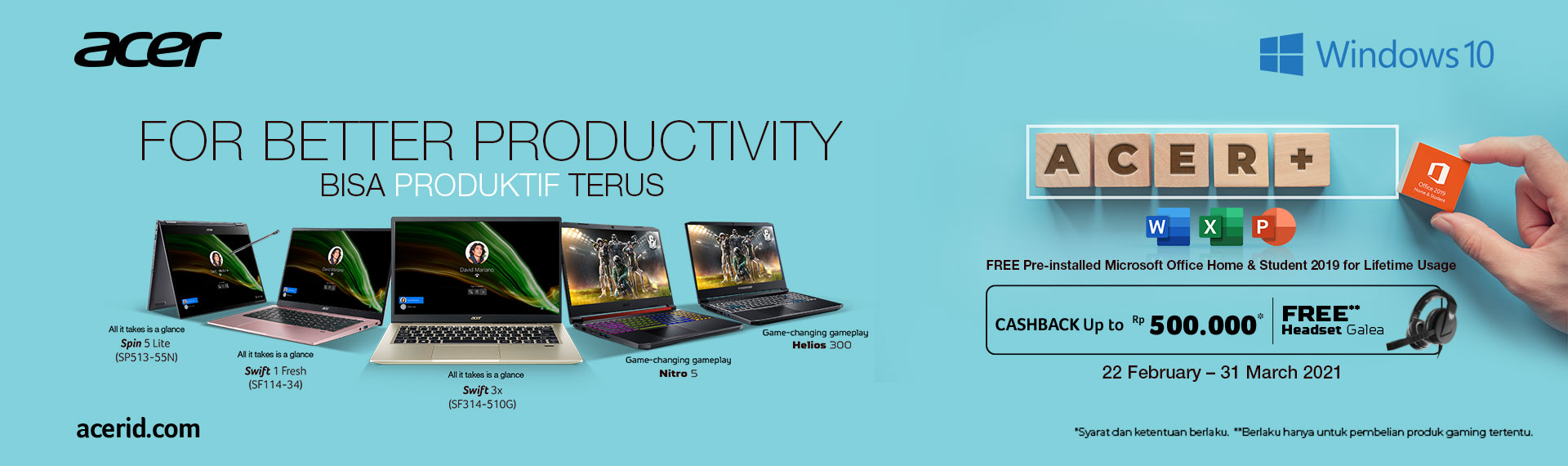 Promo Laptop Acer Dapat Cashback Hingga Rp500.000 dan Office Home & Student Seumur Hidup!